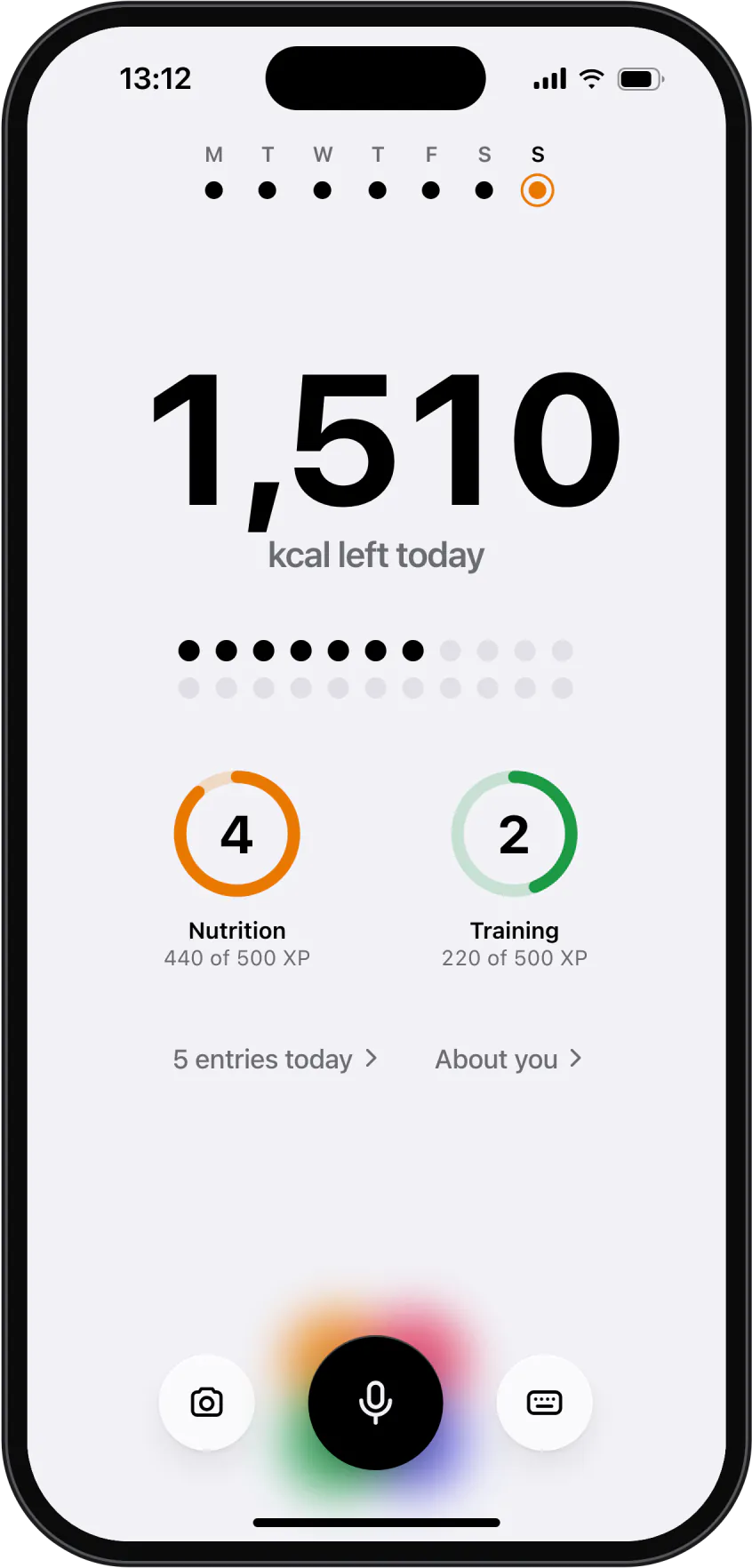 Uppo's Today screen: 1,510 kcal left today, with nutrition and training levels.